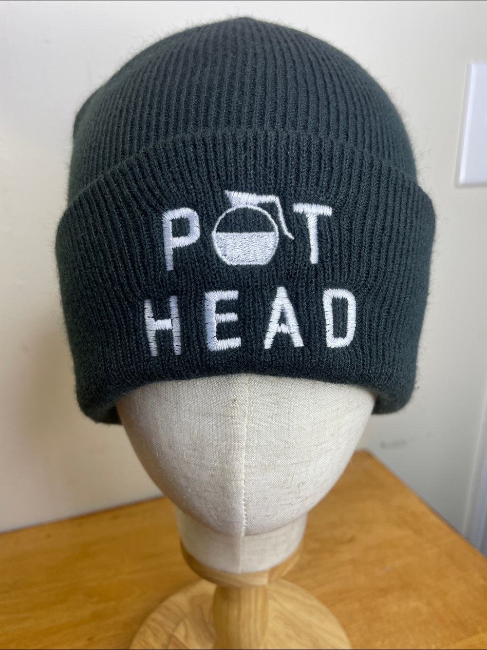 Port and Company Black Knit Beanie with White 'POT HEAD' Embroidery